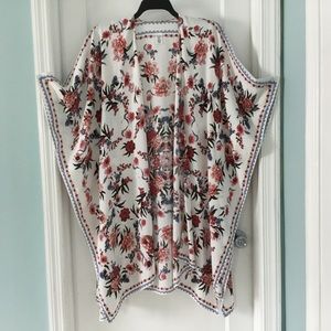 Kimono floral coverup, breezy outer layer, white blue pink, One Size Fits Most